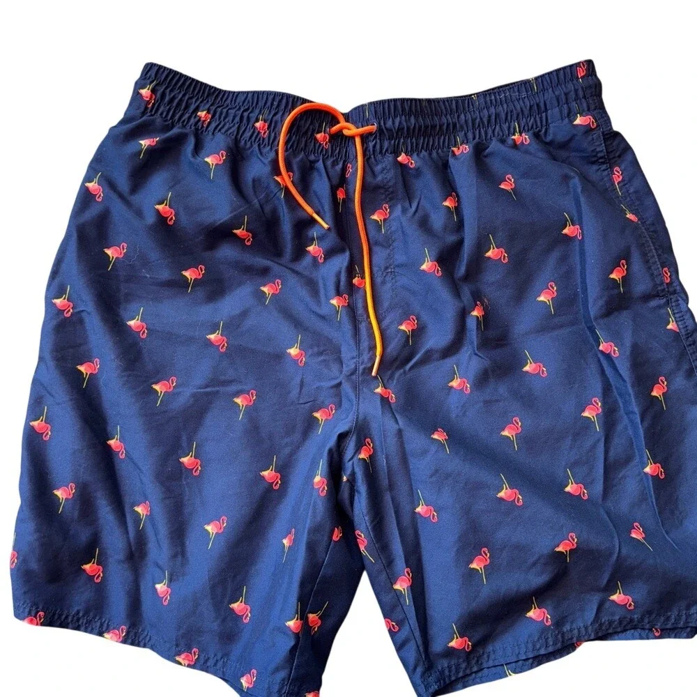 Blue and Orange Swim Trunks with Elastic Waistband and‎ Flamingo design